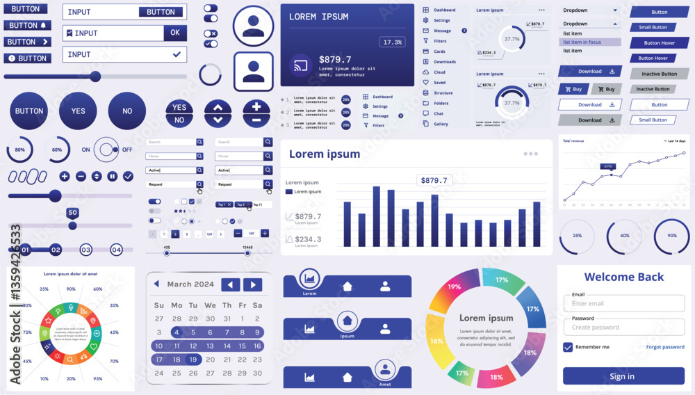 Poster a set of modern interface elements for business applications and websites: buttons, charts, menus, g