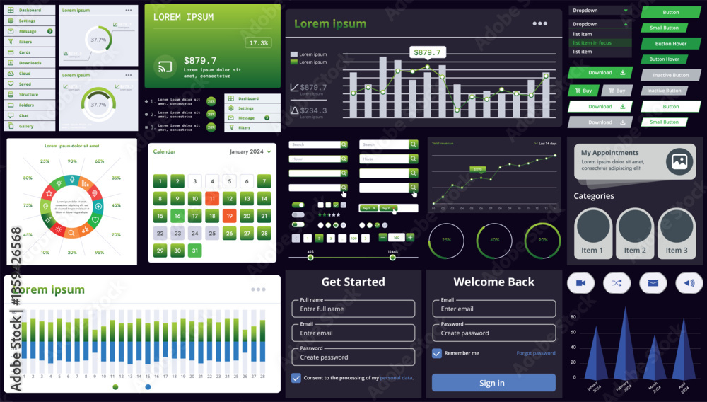 Fototapete A set of modern interface elements for business applications and websites: buttons, charts, menus, graphs, and other interactive components for easy navigation and analytics.