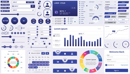 A set of modern interface elements for business applications and websites: buttons, charts, menus, graphs, and other interactive components for easy navigation and analytics.
