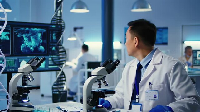 Asian researcher in white coat analyzing detailed, colorful microscopic virus structures displayed digitally on modern microscope screen in bright innovative scientific laboratory.