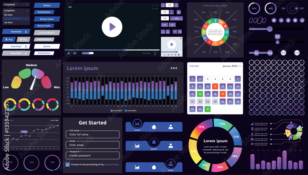 Poster a set of modern interface elements for business applications and websites: buttons, charts, menus, g