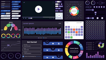 A set of modern interface elements for business applications and websites: buttons, charts, menus, graphs, and other interactive components for easy navigation and analytics.