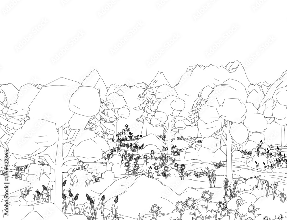 Poster a mountain range is shown in the background with trees in the foreground. the sky and the trees are 