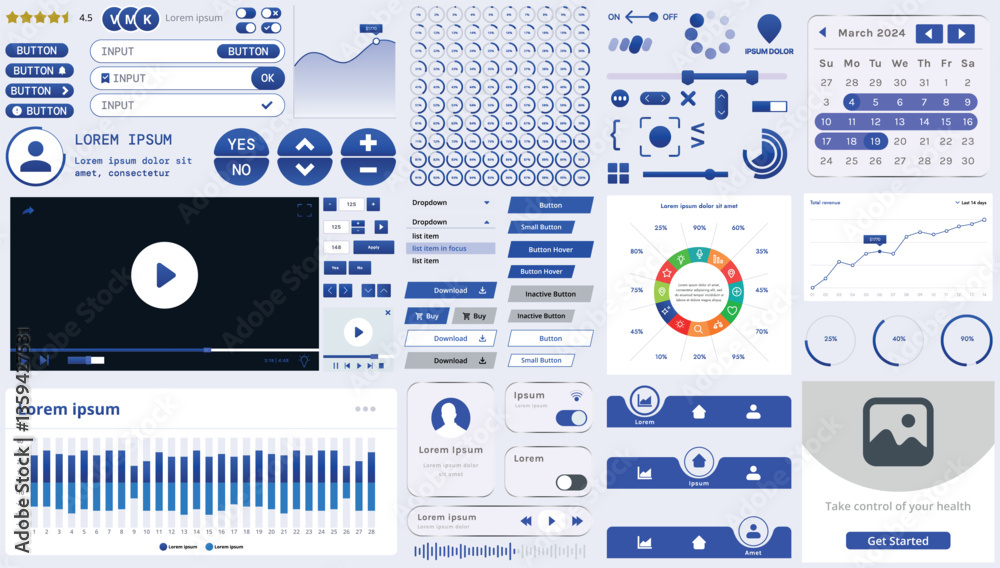 Poster a set of modern interface elements for business applications and websites: buttons, charts, menus, g