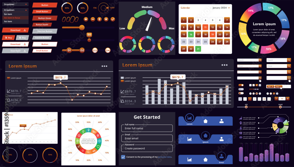 Poster a set of modern interface elements for business applications and websites: buttons, charts, menus, g