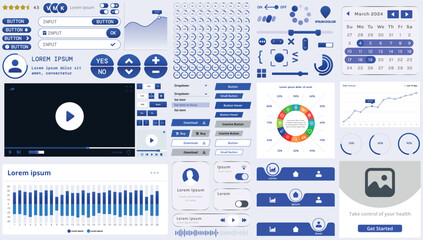 A set of modern interface elements for business applications and websites: buttons, charts, menus, graphs, and other interactive components for easy navigation and analytics.