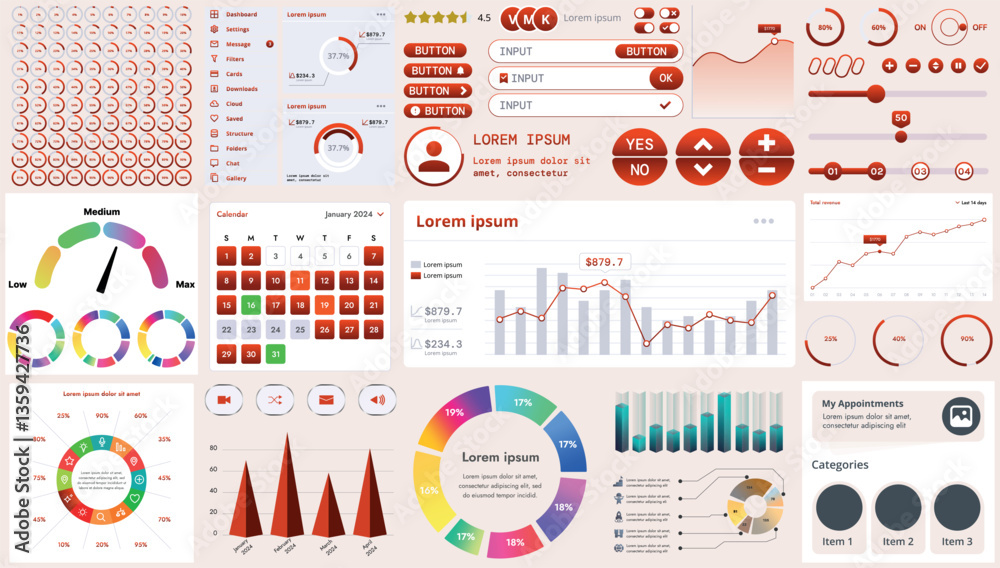 Poster a set of modern interface elements for business applications and websites: buttons, charts, menus, g