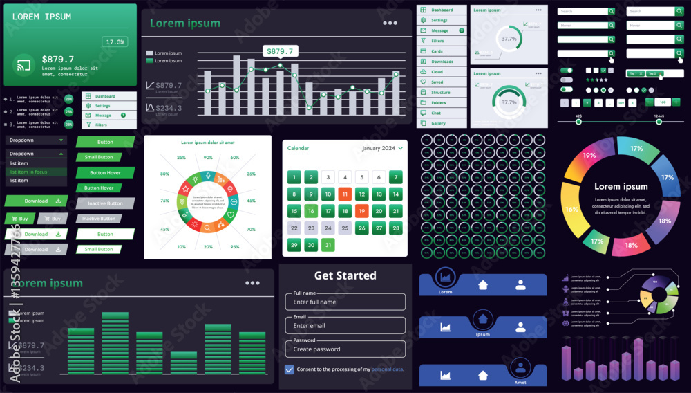 Poster a set of modern interface elements for business applications and websites: buttons, charts, menus, g