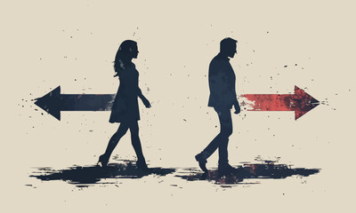 Fototapeta premium Couples with opposite arrows walking away from each other
