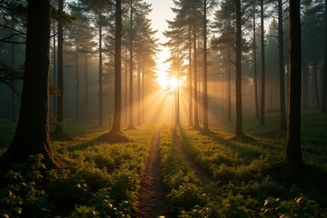 Obraz premium Tranquil Morning in the Forest: Sunlight Showcasing the Beauty of Nature