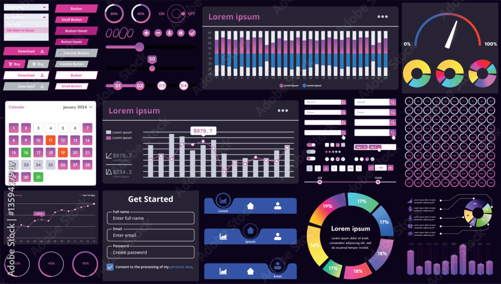 Poster a set of modern interface elements for business applications and websites: buttons, charts, menus, g