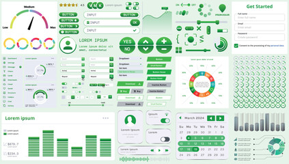 A set of modern interface elements for business applications and websites: buttons, charts, menus, graphs, and other interactive components for easy navigation and analytics.