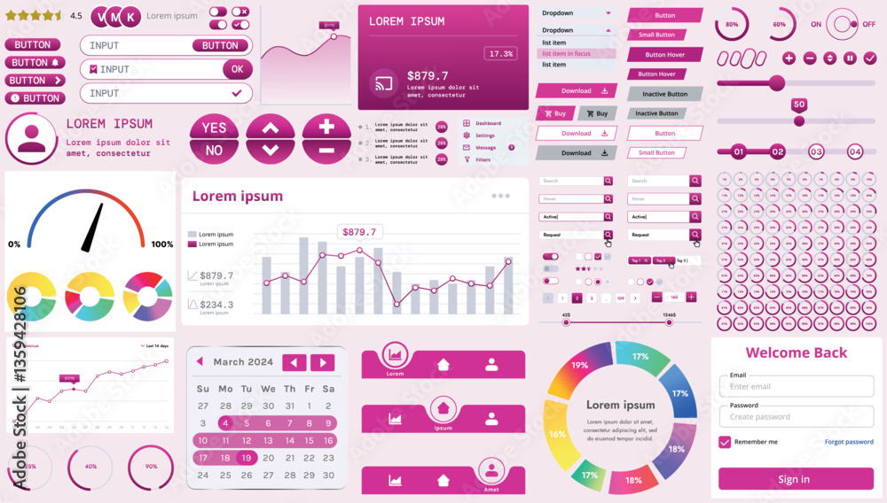 Poster a set of modern interface elements for business applications and websites: buttons, charts, menus, g