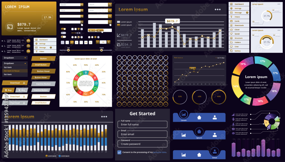 Poster a set of modern interface elements for business applications and websites: buttons, charts, menus, g