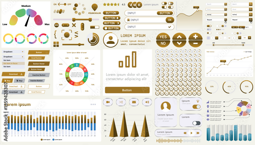 Poster a set of modern interface elements for business applications and websites: buttons, charts, menus, g