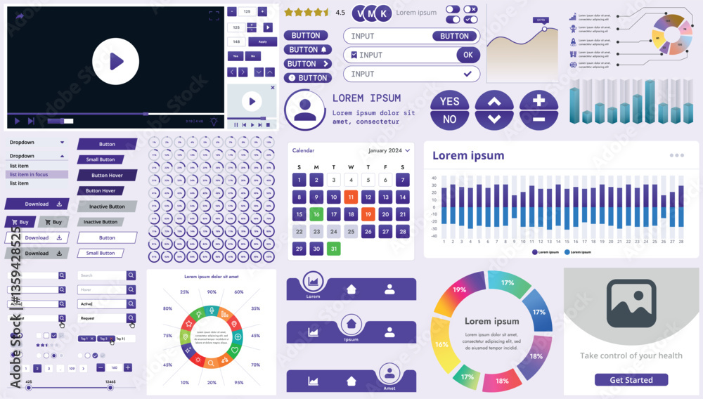 Poster a set of modern interface elements for business applications and websites: buttons, charts, menus, g
