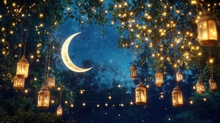 A star-speckled night scene with glowing silver crescent moons and hanging wooden lanterns amidst a beautiful canopy of string lights
