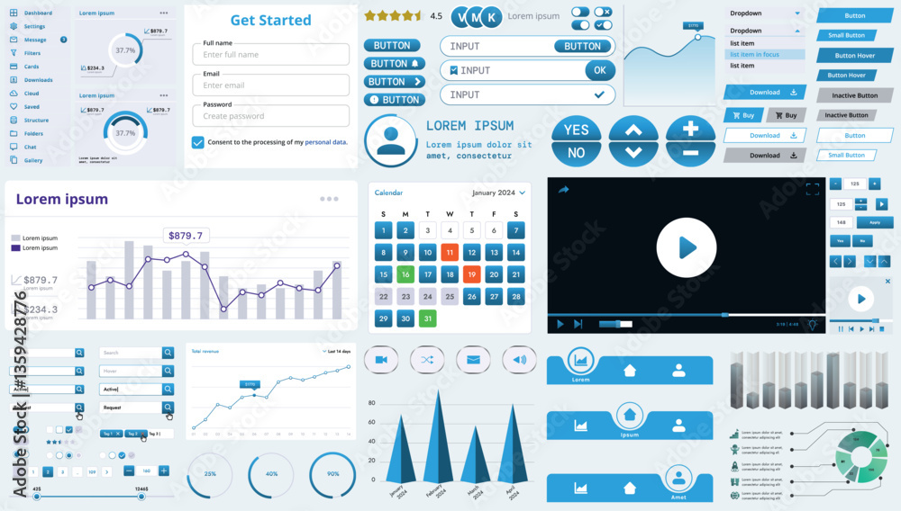 Poster a set of modern interface elements for business applications and websites: buttons, charts, menus, g
