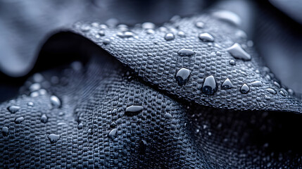 Textured Textile with Droplets: Intricate close-up of a textured textile, its surface adorned with glistening water droplets, revealing the fabric's resilience and interplay of light and shadow.