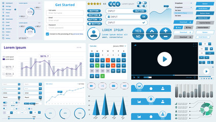 A set of modern interface elements for business applications and websites: buttons, charts, menus, graphs, and other interactive components for easy navigation and analytics.
