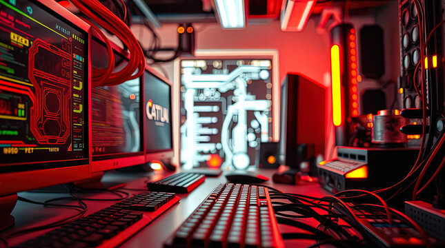 An extreme macro close-up of a cyberpunk IT lab, focusing on a small subject detail, using warm colors such as reds, oranges, and yellows