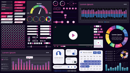 A set of modern interface elements for business applications and websites: buttons, charts, menus, graphs, and other interactive components for easy navigation and analytics.