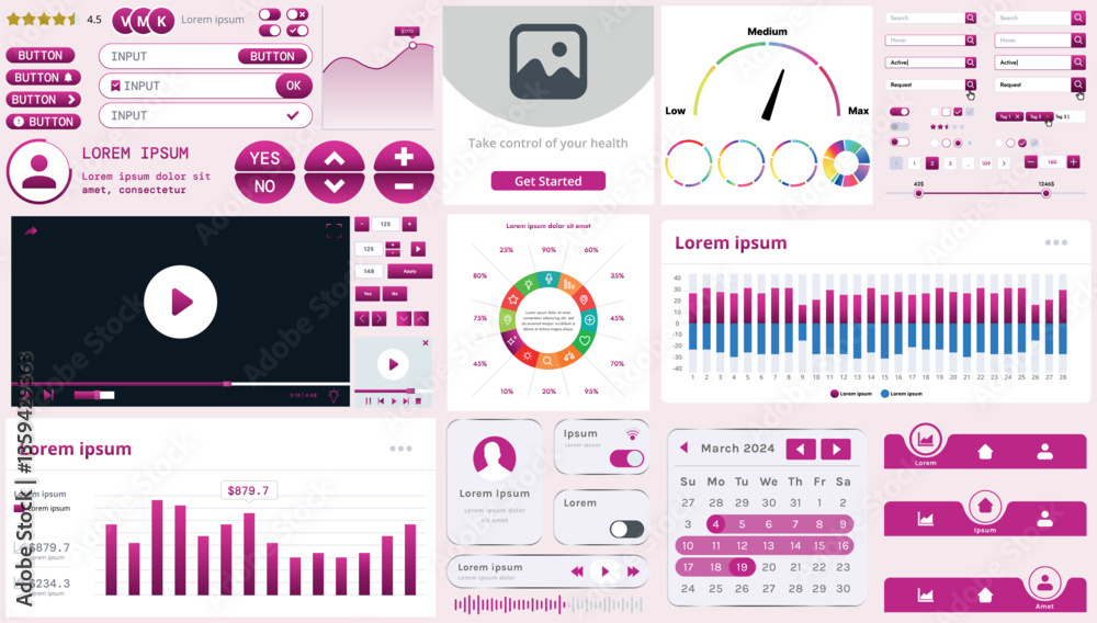 Poster a set of modern interface elements for business applications and websites: buttons, charts, menus, g