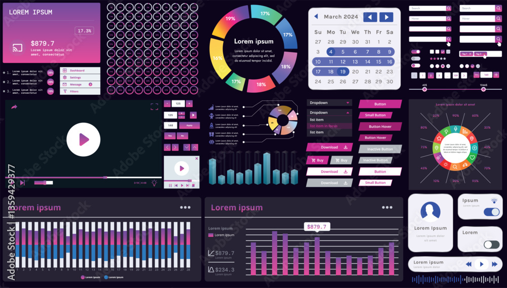 Poster a set of modern interface elements for business applications and websites: buttons, charts, menus, g