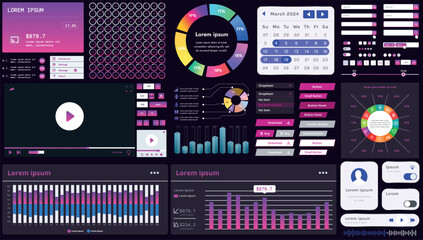 A set of modern interface elements for business applications and websites: buttons, charts, menus, graphs, and other interactive components for easy navigation and analytics.
