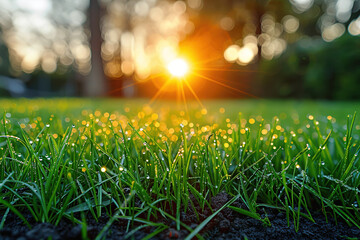 Close-up of vibrant green grass with dew drops reflecting soft morning sunlight, showcasing freshness