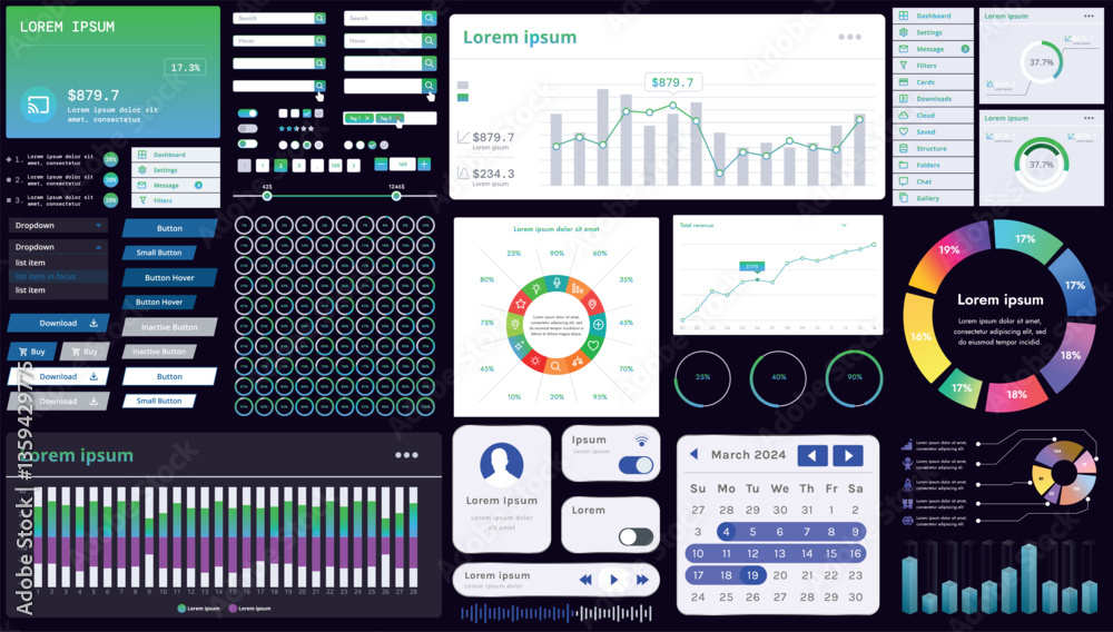 Poster a set of modern interface elements for business applications and websites: buttons, charts, menus, g