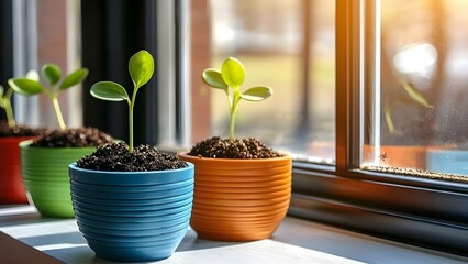Three potted young plants with green leaves sit on a windowsill, with sunlight streaming in through the window. Concept Young Houseplants, Sunlit Windowsill, Indoor Gardening