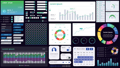 A set of modern interface elements for business applications and websites: buttons, charts, menus, graphs, and other interactive components for easy navigation and analytics.