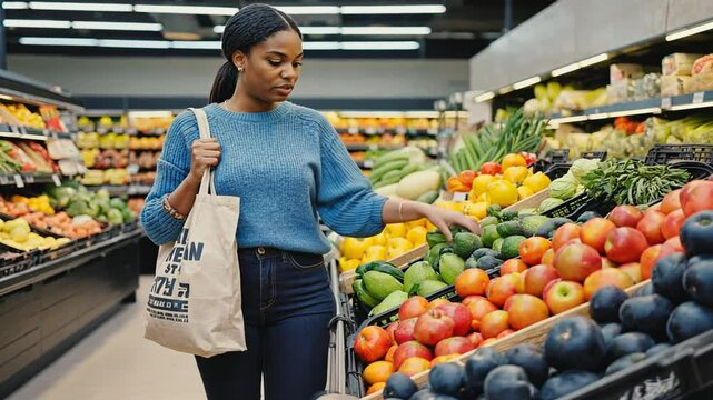 Woman with tote bag at the fruit shop.