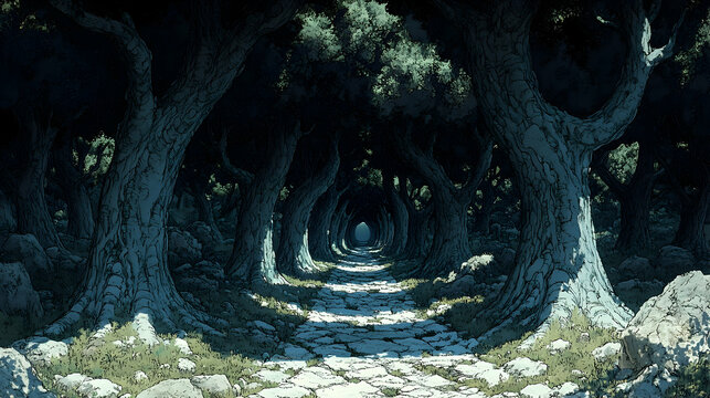 A stone pathway through a dark stylized forest with gnarled trees and a bright light at the end of the tunnel