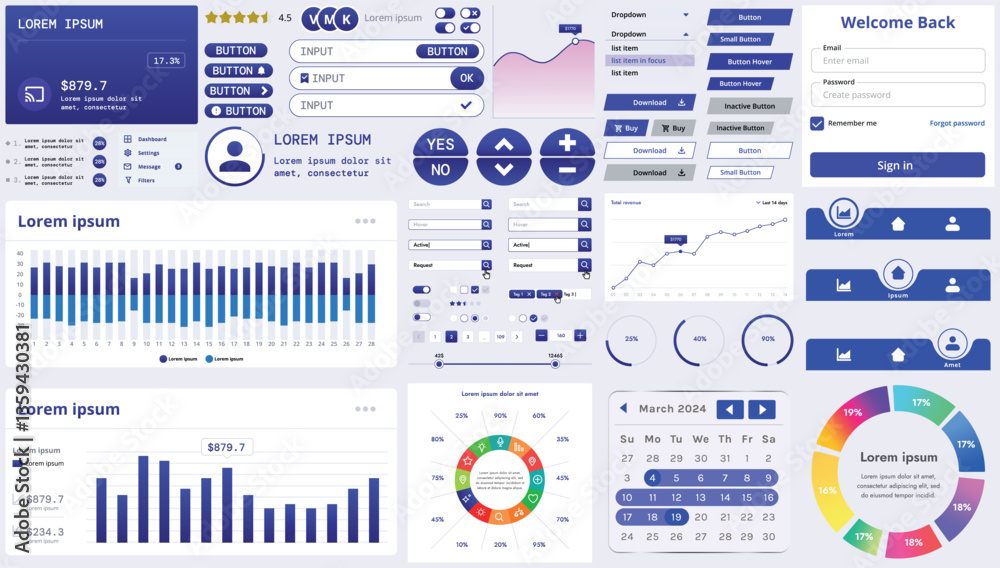 Poster a set of modern interface elements for business applications and websites: buttons, charts, menus, g