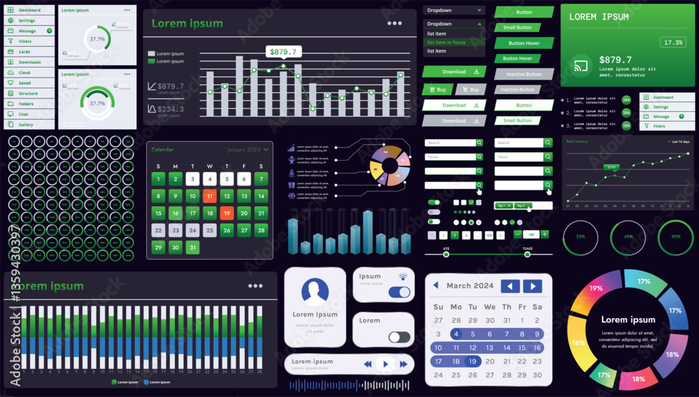 Poster a set of modern interface elements for business applications and websites: buttons, charts, menus, g