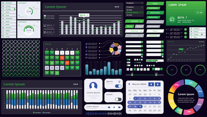 A set of modern interface elements for business applications and websites: buttons, charts, menus, graphs, and other interactive components for easy navigation and analytics.