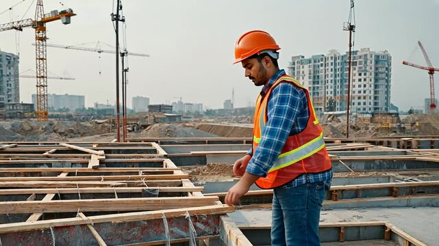 Construction worker making formwork.