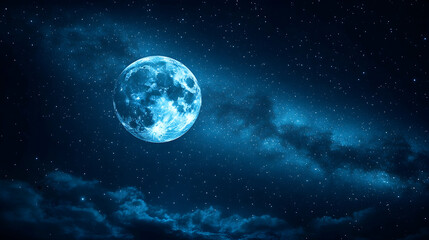 Fototapeta premium A striking blue moon glows amidst a starlit sky with wisps of clouds adding to the cosmic ambience and mystical scene