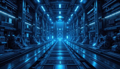 Obraz premium Futuristic sci-fi corridor exploration high-tech laboratory digital art neon blue lights wide angle perspective immersive experience for tech enthusiasts