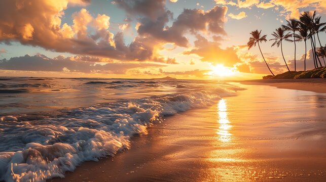 Amazing vivid sunset over beach with palm trees. Colorful sky and calm sea. Relaxing and peaceful scene. Great for travel and tourism industry.