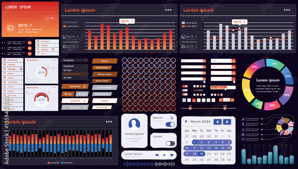 Poster a set of modern interface elements for business applications and websites: buttons, charts, menus, g