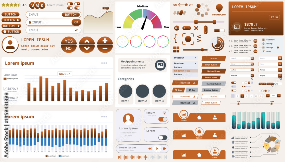 Poster a set of modern interface elements for business applications and websites: buttons, charts, menus, g