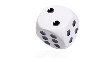 Isolated large white die or dice with black dots on white background, template of a die or dice, gambling addiction or table game concept, copy space
