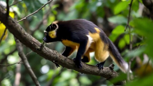 A guenon moves through the dense jungle, its bright eyes alert as it hops from branch to branch with agility, searching for food