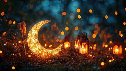 A tranquil corner with a glowing crescent-shaped ornament accompanied by tulip-shaped small lanterns