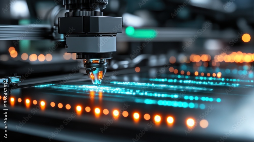 Poster Advanced robotic arm precisely working on a futuristic technological surface with glowing lines and orange lights