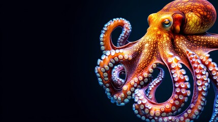 Obraz premium Vivid, Colorful Octopus on Black Background, Close-Up Portrait With Detailed Tentacles.