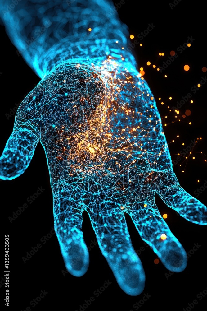 Poster abstract glowing digital hand with network connections and bright particles futuristic technology co